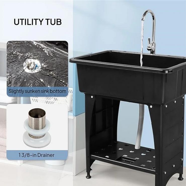 24"D x 40"W x 36"H Multi-functional Washing Sink Laundry Basin with Faucet & Shelf Plastic & Metal Feet for Laundry Room Garage Utility Sink with Drainboard Movable Storage Shelf