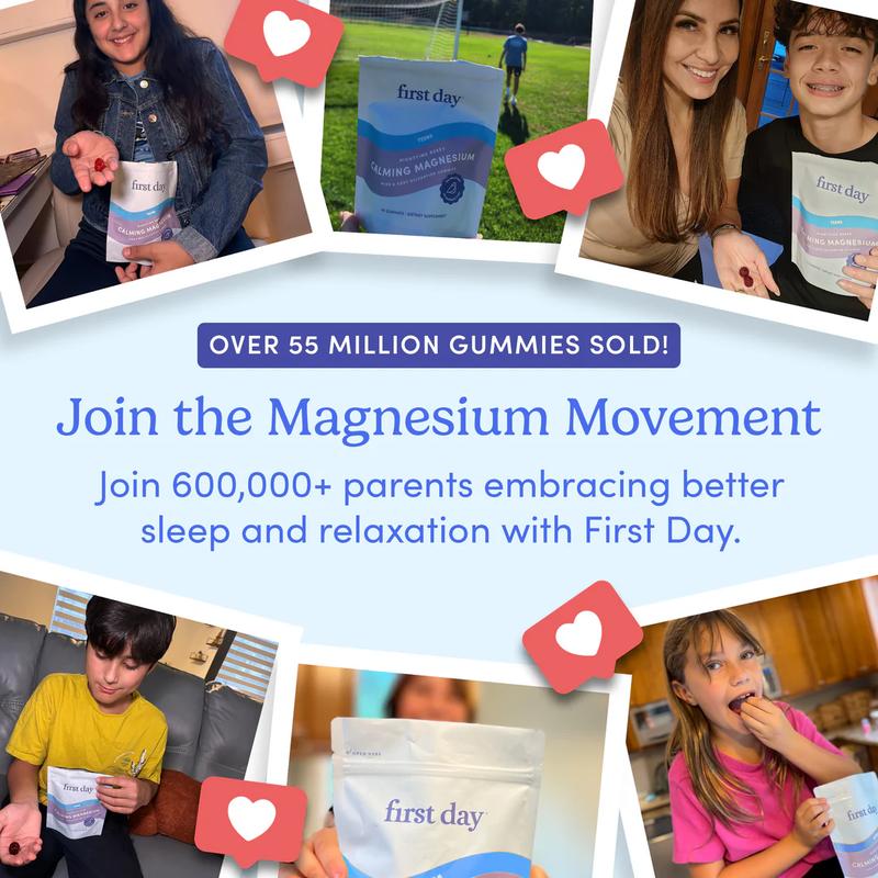 FIRST DAY Teens’ Nighttime Reset Calming Magnesium Gummies – Sleep Aid Supports Peaceful Rest, Balanced Mood & Energy – Supplement with Magnesium Citrate, Affron & No Melatonin – 30-Day Supply
