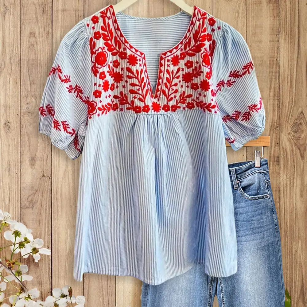 SageVell Boho Striped Blue/Khaki Blouse with Delicate Red Floral Embroidery, Puff Sleeves & Chic V - Neck, Feminine Cute Blouse Multicolor/ Khaki Women's Top Shirts Medium