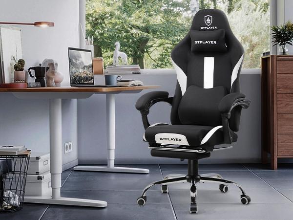 【Totally revamped!】 Better than ever! Gaming Chair Breathable Fabric Computer Chair with Pocket Spring Cushion, Ergonomic Computer Chair with Footrest, Lumbar Suppport