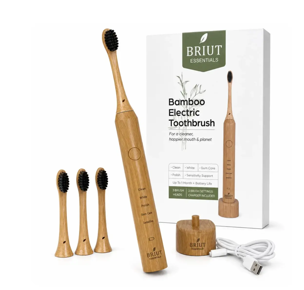 Briut Essentials Bamboo Sonic Electric Toothbrush,  Deep Clean & Teeth Whitening, 5 Cleaning Modes, Rechargeable Toothbrush for Sensitive Teeth, 3 Brush Heads Included