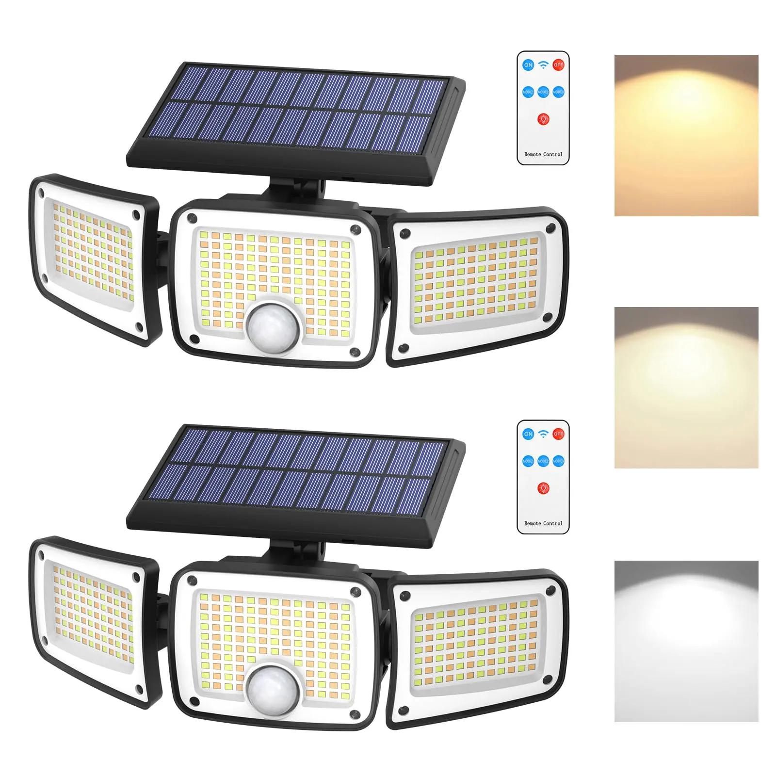 Solar Flood Lights Outdoor, 3 Color Temperature 280 LED 3000LM Solar Motion Sensor Lights Outdoor, IP65 Waterproof 3000mah 3 Heads Wall Security Light, 270° Wide Angle, Garage, Pool, Garden, 2 Pack