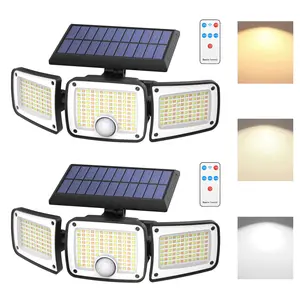 Solar Flood Lights Outdoor, 3 Color Temperature 280 LED 3000LM Solar Motion Sensor Lights Outdoor, IP65 Waterproof 3000mah 3 Heads Wall Security Light, 270° Wide Angle, Garage, Pool, Garden, 2 Pack
