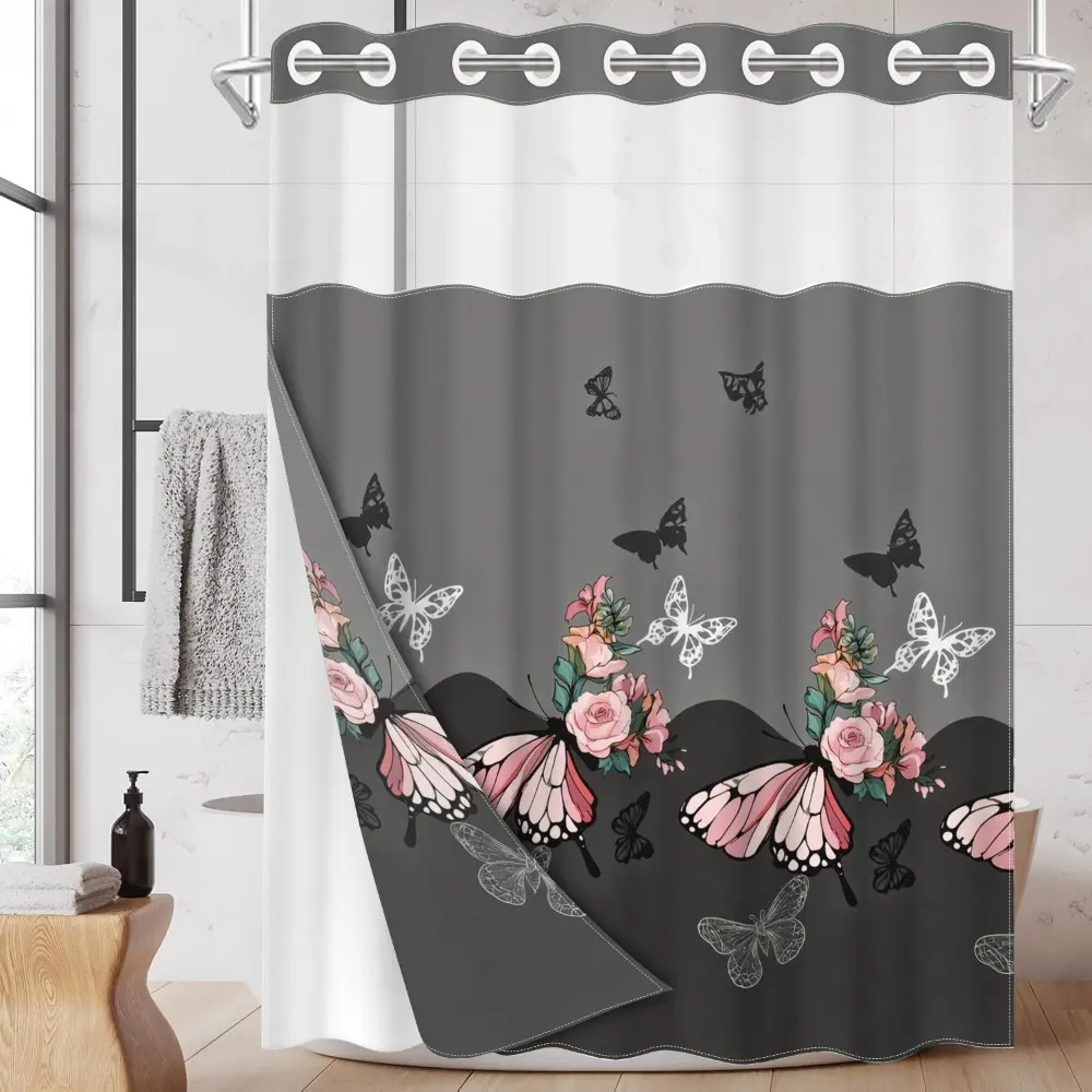 1pc hookless shower curtain with buckle lining, pink floral and black butterfly pattern, 2D printing, fabric waterproof lining, see-through double-layer shower curtain, 71 x 74 inches, Home goods, home curtain, Bathroom Curtains, Shower Curtain Liner