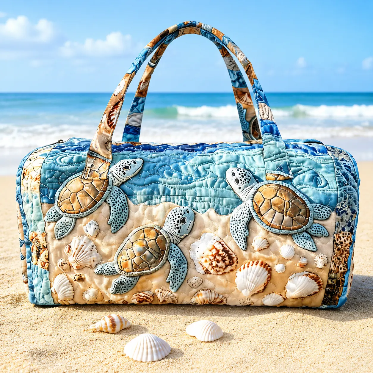 Quilted turtle travel bag, ocean shell beach high-definition printed luggage bag, large capacity ocean themed sports and fitness bag, summer vacation hand-held travel bag