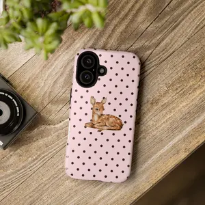 Cute Baby Deer Polka Dot Phone Case, Pink Aesthetic Fawn Illustration Protective Phone Cover, Minimalist Animal Design Gift for Girls and Women