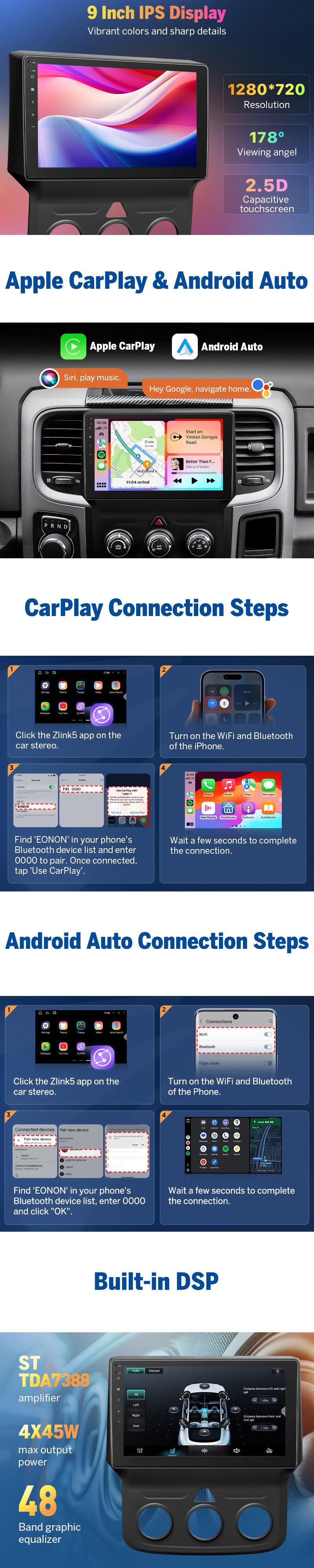 EONON Car Stereo for Dodge RAM 1500 2500 3500 (2013-2018) Manual AC, Wireless CarPlay & Android Auto Car Radio Touch screen, 9" Android 14/13 Car head unit, SWC GPS Navigation, BT, Wi-Fi, Sub, Backup camera - DGRMX7A / DGRMX6S2