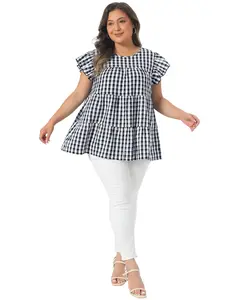 Agnes Orinda Women's Plus Size Gingham Top 1950s Crew Neck Flare Short Sleeves Blouse Babydoll Summer Tops