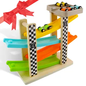Acorn Baby Wooden Vertical Race Track - 4 Wooden Car Track 12in Ramp Toy Tower