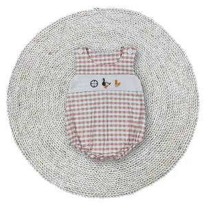 Baby Boys Mallard Ducks Embroidery Hunting Sleeveless Khaki Checkered Stretchy Soft Bubble Rompers