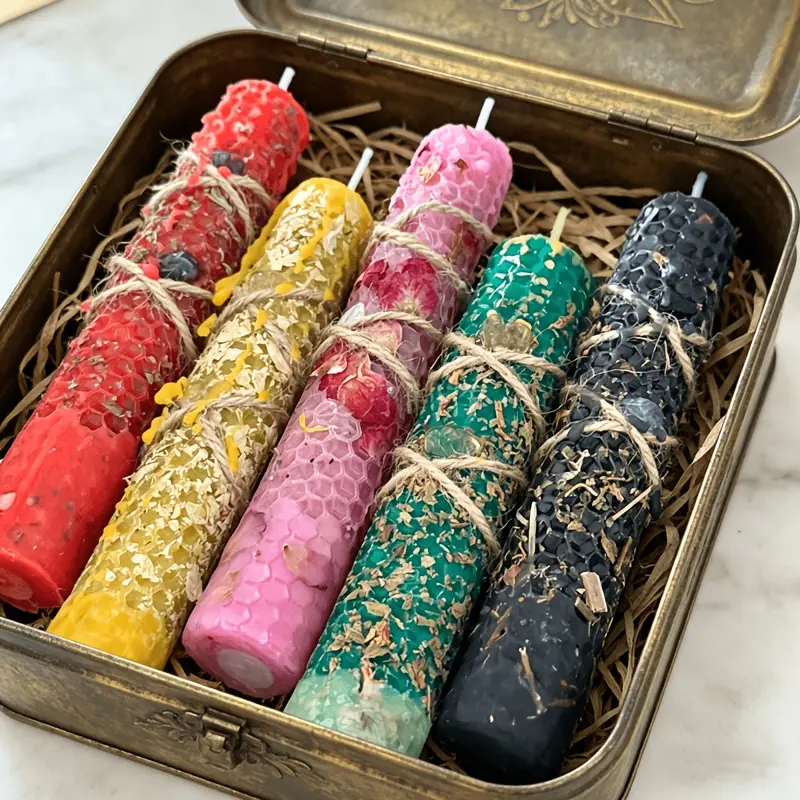 5 Multicolor Herbal Beeswax Long Candles Handmade Honeycomb Spiritual Ritual Candles Home Altar Decoration Holiday Gifts Suitable for Halloween, Christmas, Valentine's Day, Easter