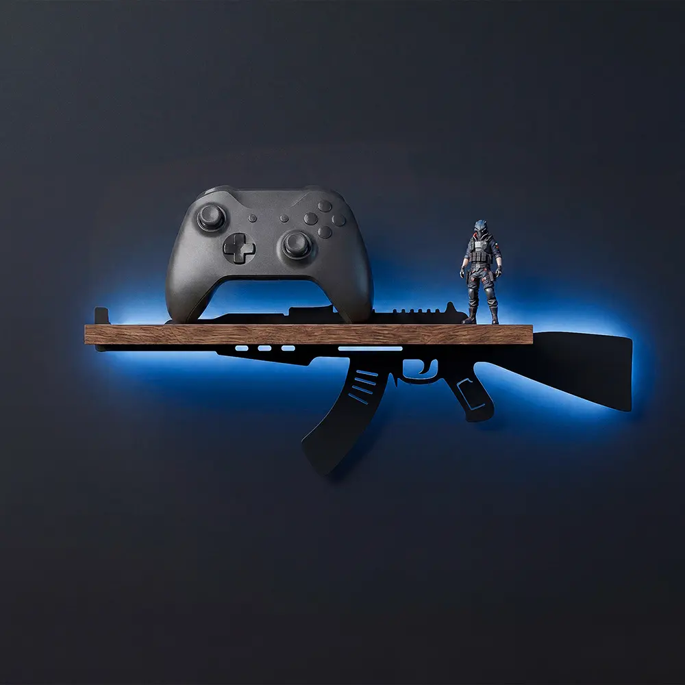 FNYDOX AK47 Gaming Floating Shelves with RGB Lights - Black Metal & Wood Wall-Mounted Wall Organizer Shelf, Industrial Look Men's Room Accessories, Man Cave Decor, Father's Day Gift