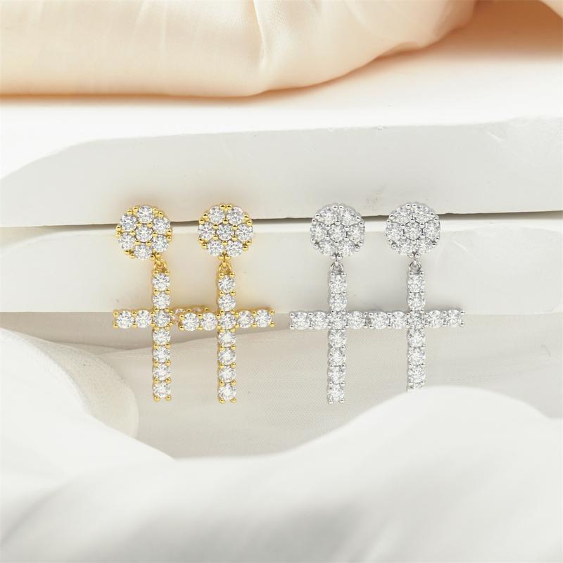 Delzzad Studded Cross Dangle Earrings S925 VVS Synthetic Moissanite Hip Hop Earrings Jewelry Perfect Birthday Mother’s Day Christmas Gift for Men Women Wedding Set Springtok