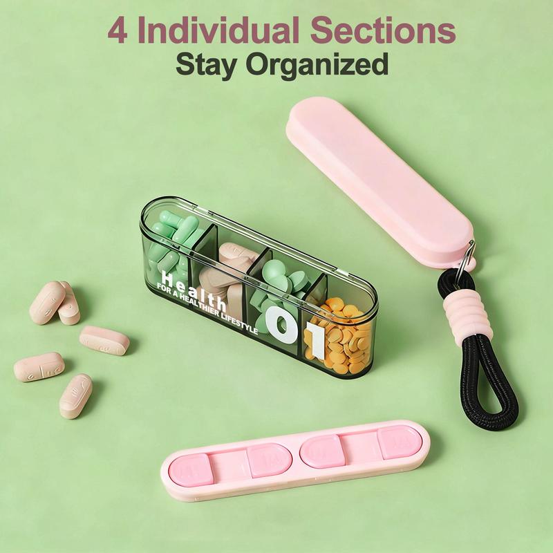 [Free!!ship] BMTWE Mini 4 Compartments Pillbox 4 PCS Portable Medication Holder Transparent Dual Sliding Self-Locking with Hanging Chain for Travel Business Outdoor Office Home