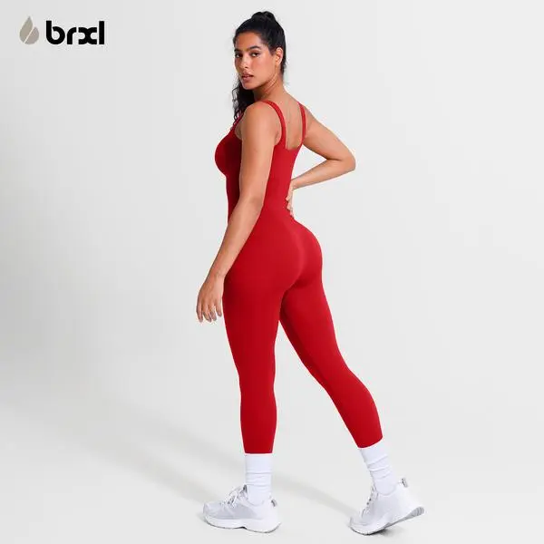 BRXL 【Discount for live】Women's Square Neck Ribbed Jumpsuit, Skin-friendly Seamless Fitted Full Length Activewear with Tummy Control & Built-in Bra for Yoga, One Piece, Breathable