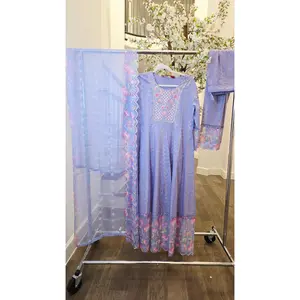 Womens Bluish Purple Sequin Kurta Set with Floral Applique Lace