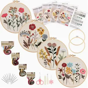 4PCS Flower Embroidery Kit for Beginners with Pattern and Instructions, Cross Stitch Kits, 2 Wooden Embroidery Hoops, Threads and Needles, Needlepoint Kit for Adults, Christmas Gifts, Wedding Gifts, Home Decoration