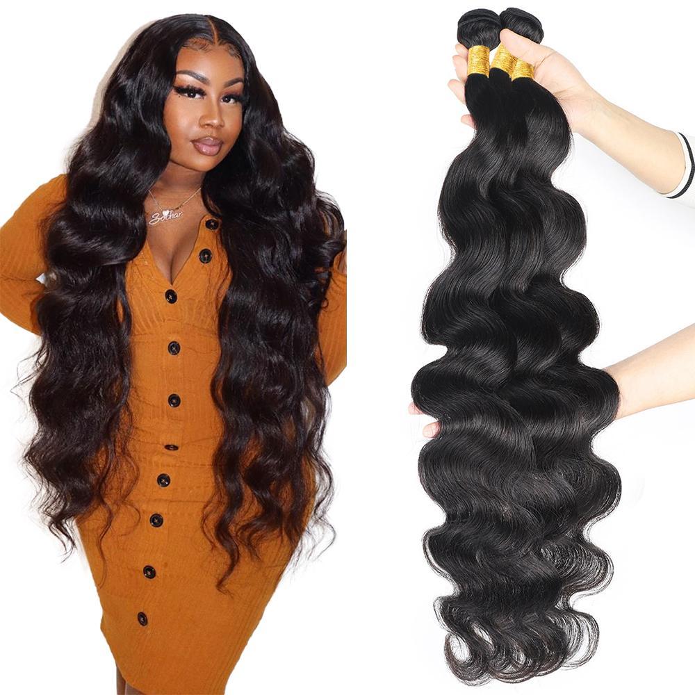 Brazilian Virgin Human Hair Bundles 30inch Body Wave Straight Hair for Quick Weave 1 3 4 Bundles Natural Black Traditional Sew in Extension