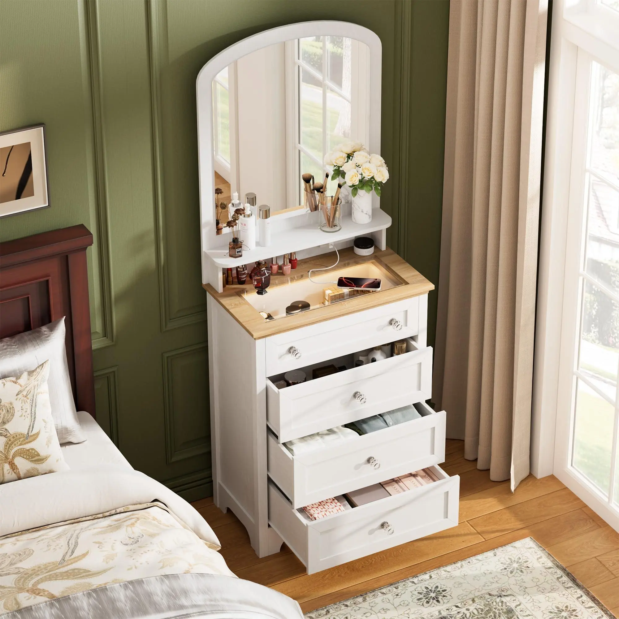 4-Drawer White Compact Vanity Dresser with Mirror, Built-in Charging Station, LED Light Strip, Sturdy Base for Bedroom, Living Room