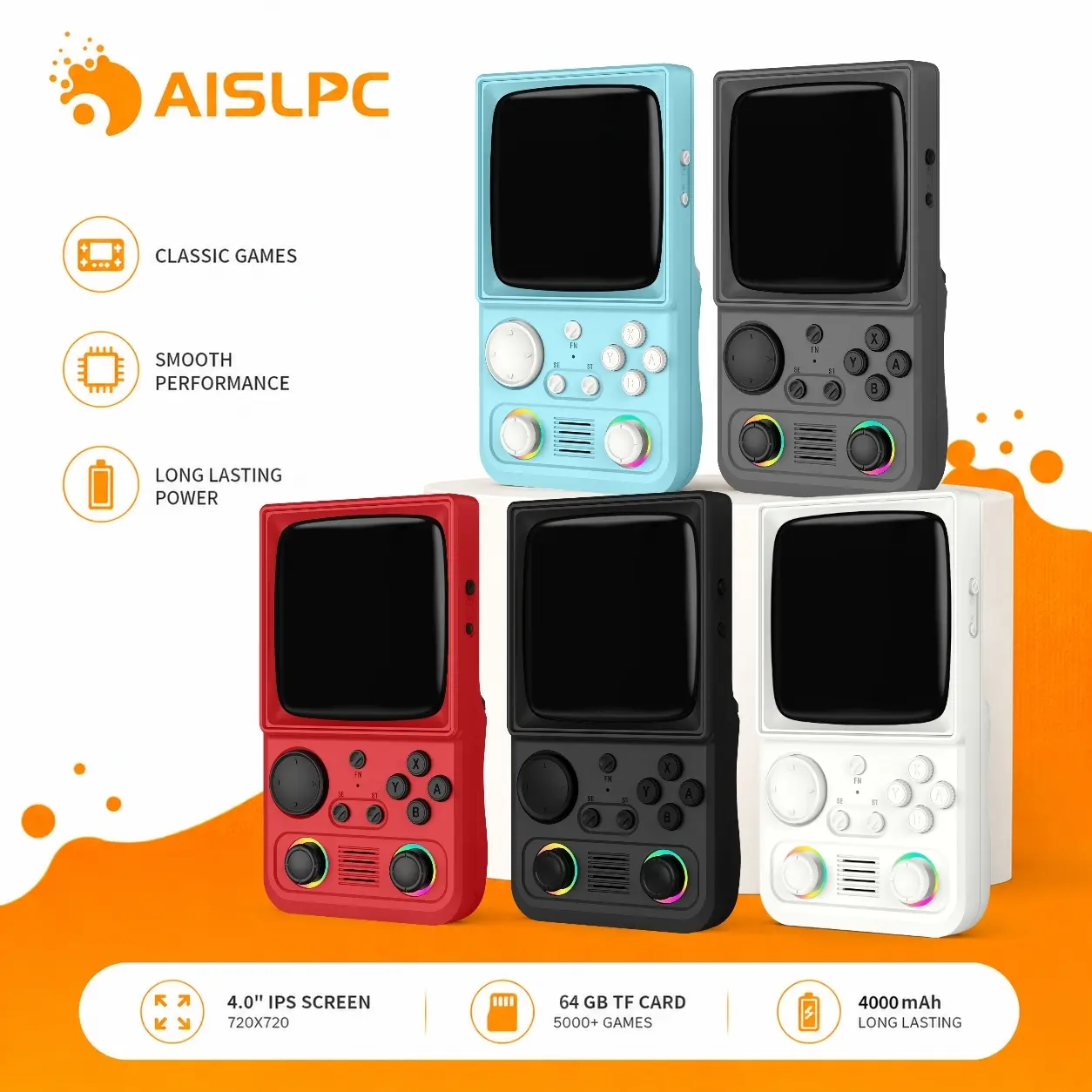 AISLPC Retro Handheld Game Console, 4.0 Inch 720x720 IPS Large Screen, 64GB with 5000+ Games, RK3326 EmuELEC System, WiFi & OTG Support, 4000mAh Battery, Carrying Case, Gamer Gifts