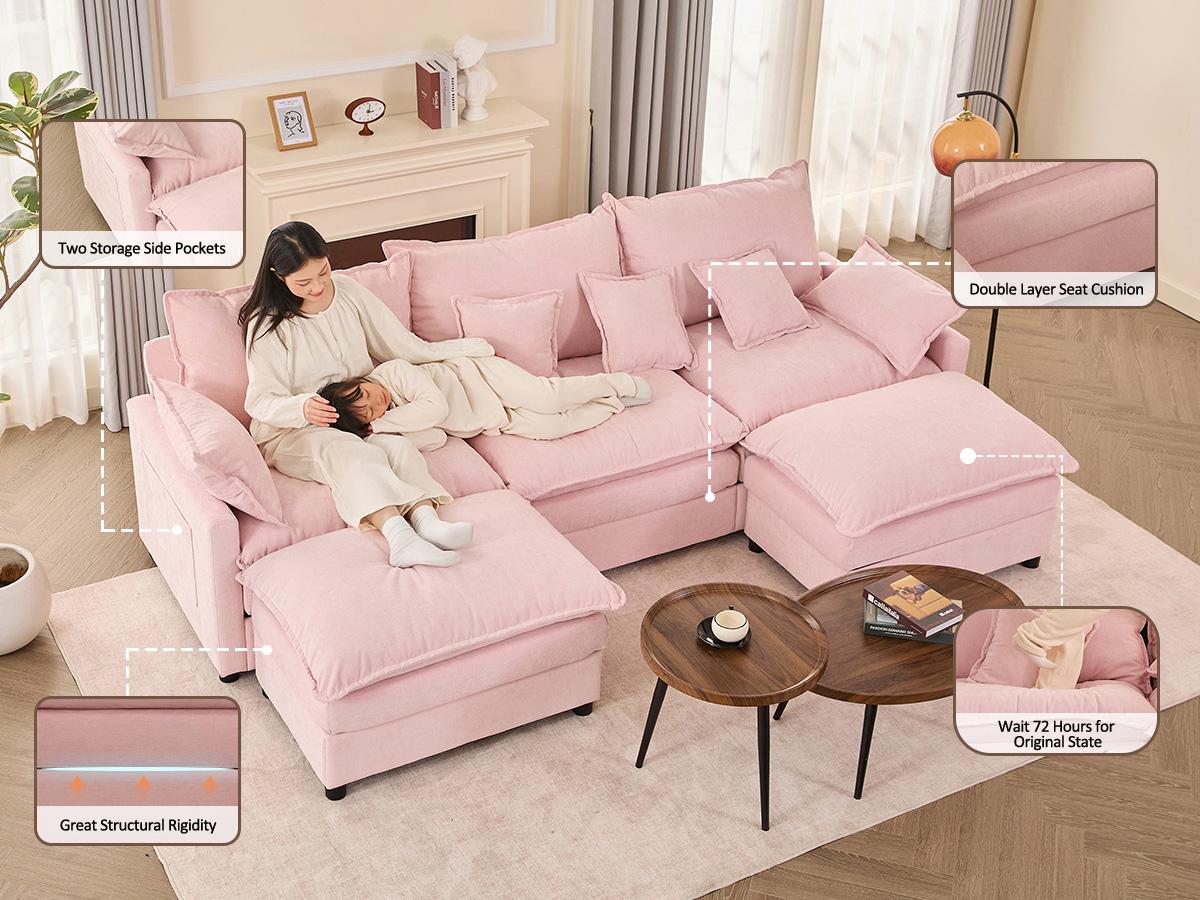 【2 Packages Shipping】GOSUHI 108" U-Shaped Modular Sectional Sofa - Comfy Cloud 3-Seater with 2 Movable Ottoman, Cloud Sofa,Deep Seat Linen Couch for Living Room, Beige Color ,Comfort & Stylish Design,Chenille pink
