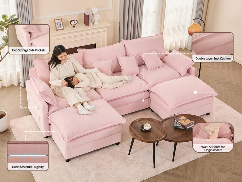 【2 Packages Shipping】GOSUHI 108" U-Shaped Modular Sectional Sofa - Comfy Cloud 3-Seater with 2 Movable Ottoman, Cloud Sofa,Deep Seat Linen Couch for Living Room, Beige Color ,Comfort & Stylish Design,Chenille pink