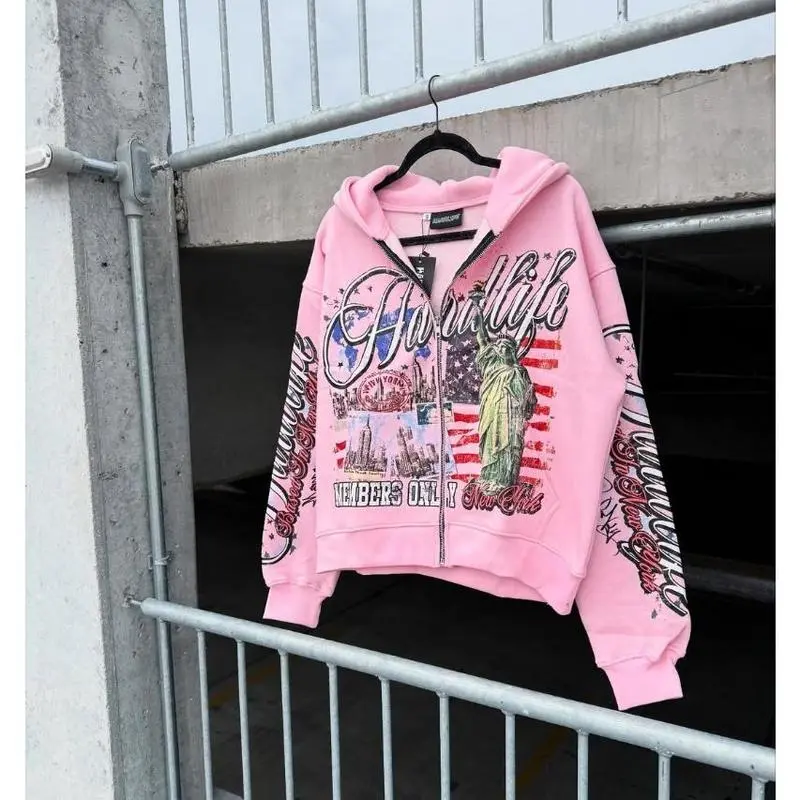 Fashion Street Anime Letter Print Zipper Hoodie Men Harajuku Retro American Fashion Brand Casual Oversized Sweatshirt Women