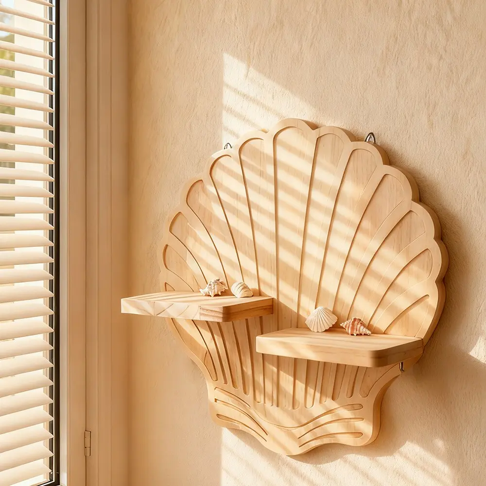 Creative Scallop Shell-Shaped Floating Shelf, Wood-Textured Wall Mount Storage Rack, Space Saving Design, Ocean Aesthetic Home Decor for Nursery & Bathroom, Unique Display Shelf
