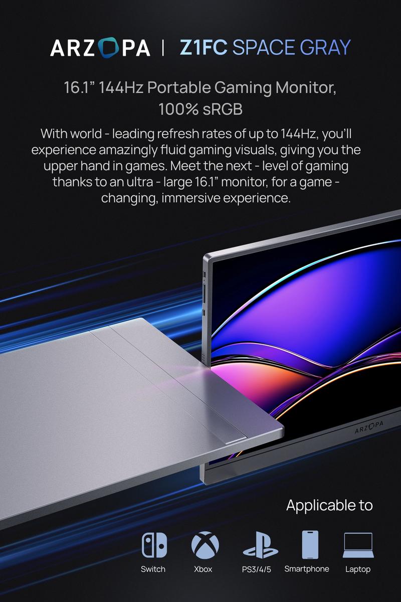 ARZOPA 16.1" 144Hz Gray Portable Gaming Monitor 100% sRGB 1080P FHD Ultra Slim External Second Screen Portable Monitor Display for PS5 Xbox Switch2 Laptop PC Mac