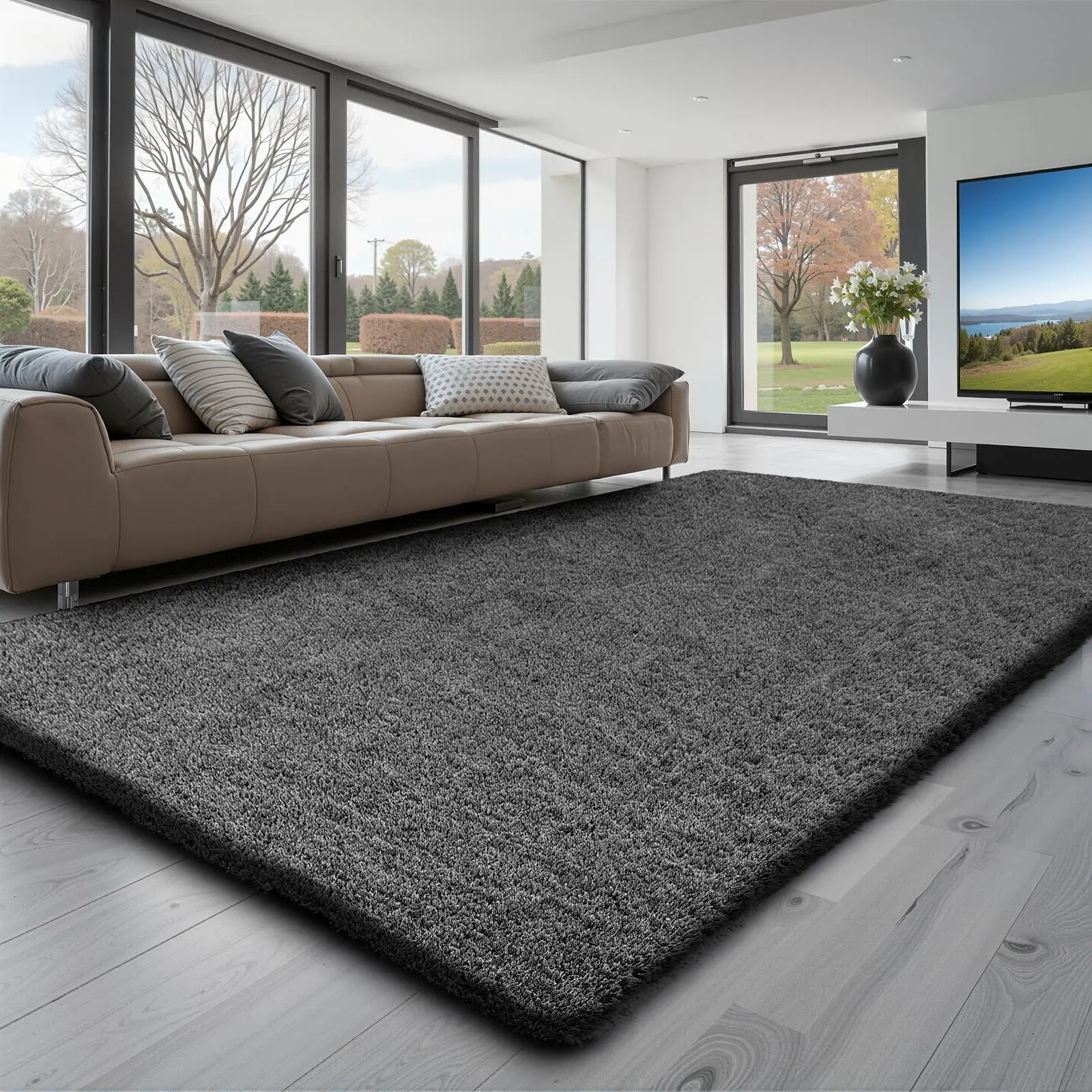 【SummerFinds】VEVOR Indoor Plush Area Rugs, 5 x 8 ft Soft Plush Carpet, Furry Shag Area Rugs for Living Room, Bedroom, Sunroom, Modern Home Decor Aesthetic, Non-Shedding, Non-Woven, Slip-Resistant, Dark Gray