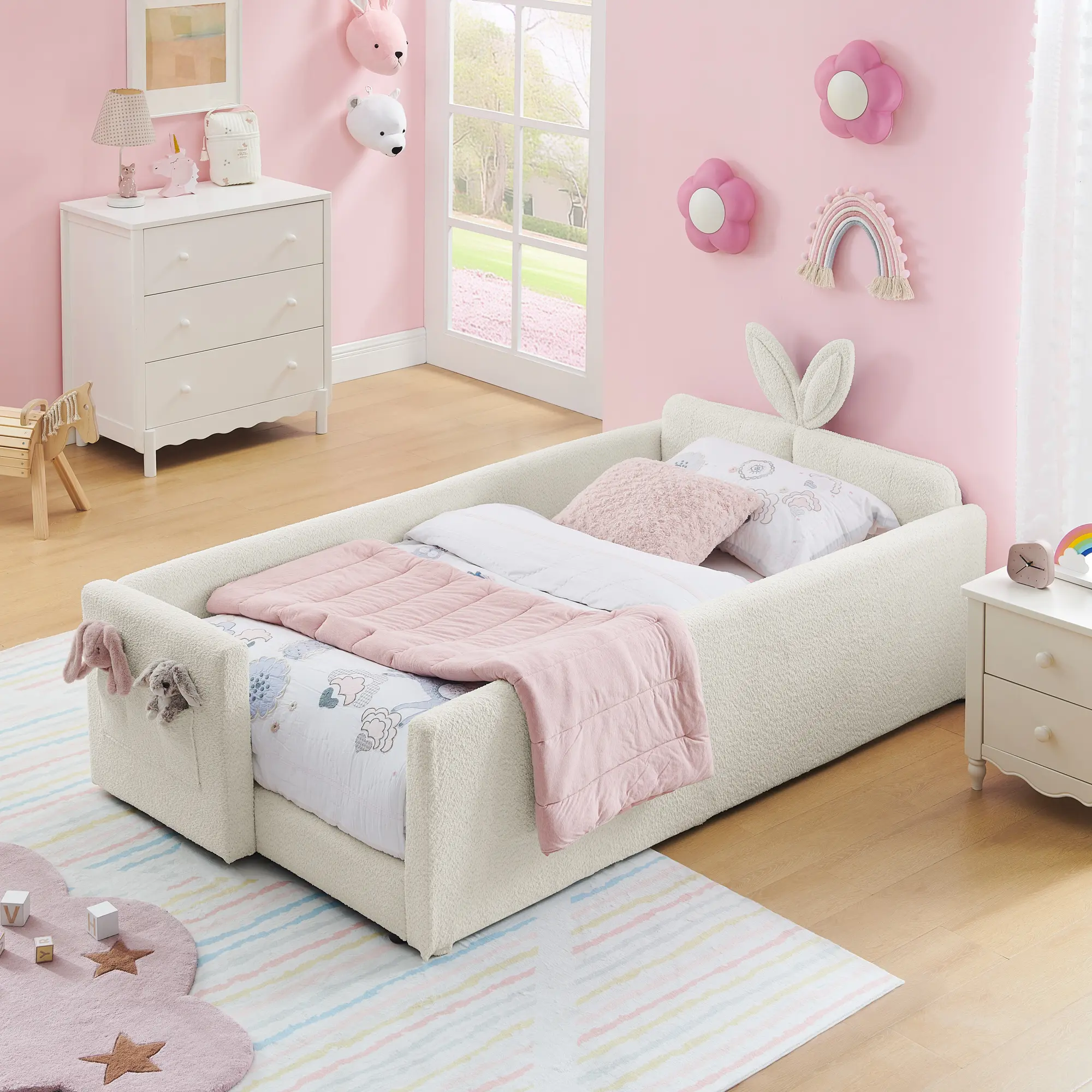 Bellemave Twin Size Boucle Upholstered Platform Storage Bedframe with Rabbit Ear Headboard, Safety Rails, Storage Pocket, Assembly Required (No Fire Safety Label), Twin Bed