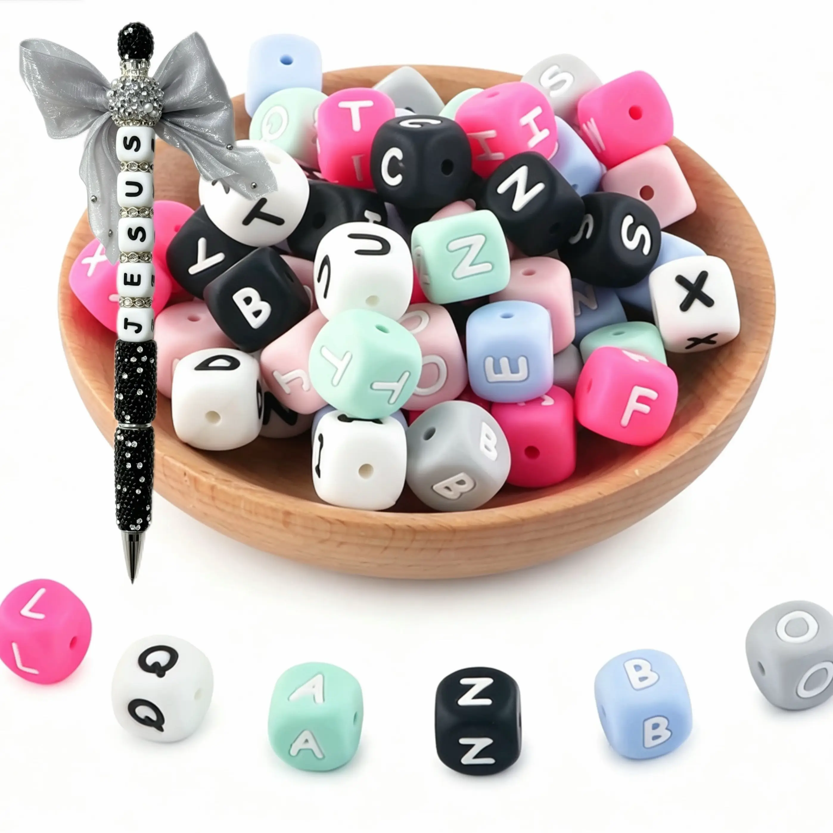 5pcs 12mm Silicone Alphabet Letter Beads, Dice Shape, DIY Necklace Pacifier Clip Jewelry Making Supplies, Baby Teething Sensory Beads