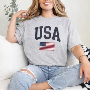USA T- Shirt Faded Vintage Style Aesthetic American Flag Crewneck 4th of July Trendy Retro Style USA Olympic Crewneck Unisex T-Shirt  Fitted