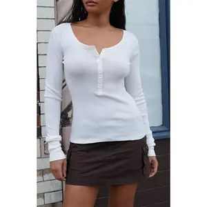 John Galt Women's White Long Sleeve Henley Top