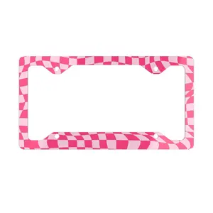 Ultra Slim Checkered Pink and White Aluminum License Plate Frame, License Plate Customization Vanity Plate Frame Cute Car Decor