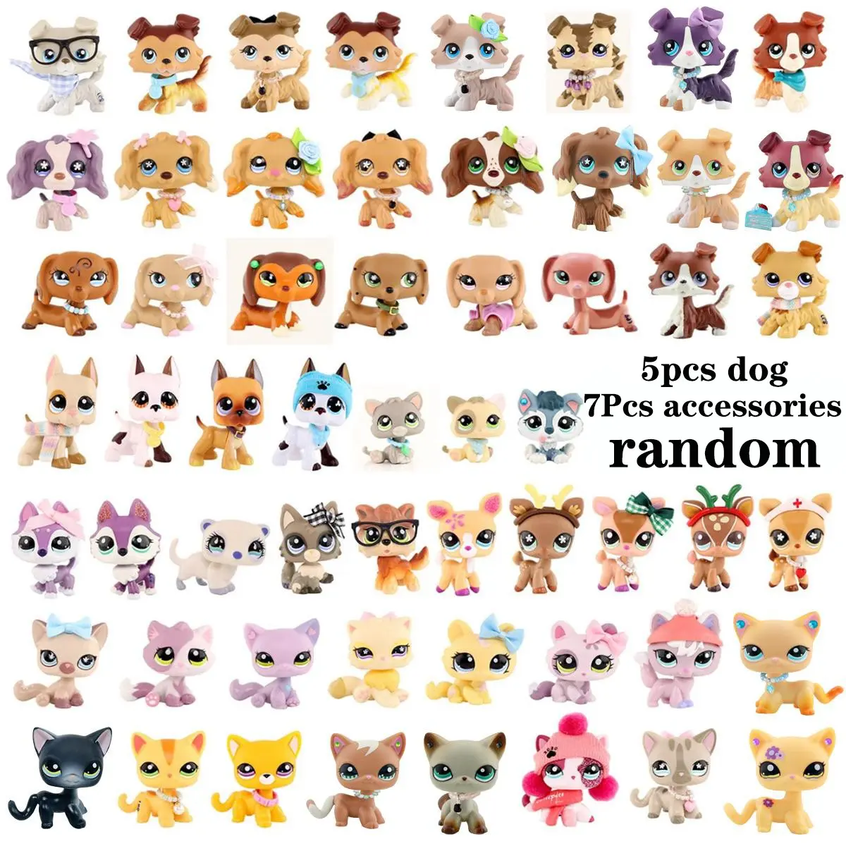 Mini Pet Dolls Set with 5 pcs Random Pets and 7 pcs Random Accessories miniature cat and dog figures Animal Figures Pets and Accessories Setlittlepeta Best Birthday Halloween Christmas Gift for lps Fan Cute Figures Figurines