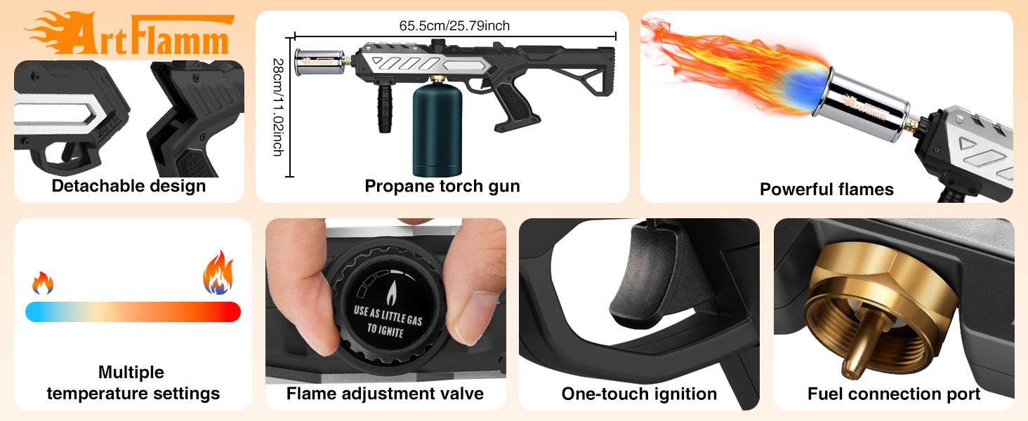 Powerful Propane Torch Gun, Kitchen Grill Torch with Detachable Design, Adjustable Flame Torch for Searing Steak, BBQ, Welding, Camping Charcoal(Tank Not Included)