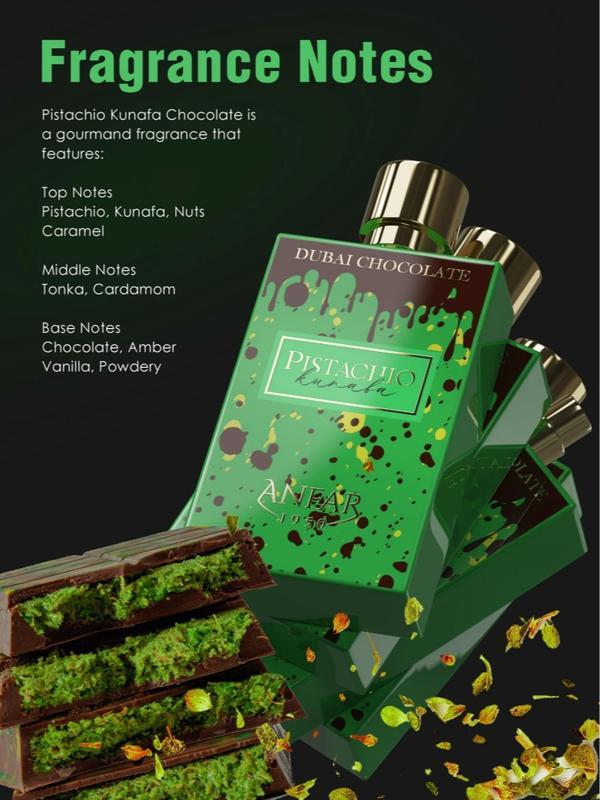 Anfar Dubai Chocolate Pistachio Kunafa Eau De Parfum 2.8 oz / 80ml | Unisex Arabian Gourmand Perfume with Notes of Pistachio, Caramel, Chocolate & Amber