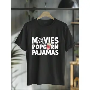 100% Cotton Movies Popcorn And Pajamas Popcorn Movie Night T-Shirt