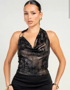 Nisha METALLIC HALTER COWL NECK RING DETAIL TOP
