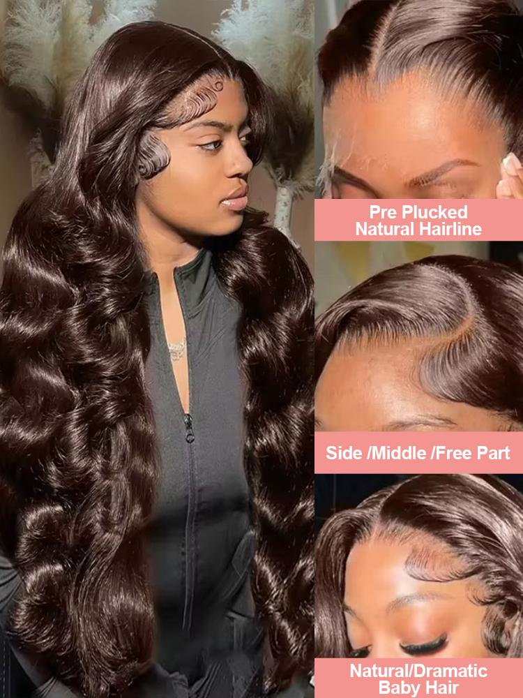 Chocolate Brown Body Wave 13X4 Lace Wig 180 Density Brazilian Colored Body Wave 13X6 Hd Transparent Lace  Human Hair Wig For Women Real Human Hair Natual Hairline