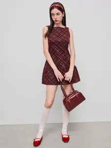 Cider Women's Casual Wool-Look Boat Neck Plaid Ruffle Hem Mini Dress