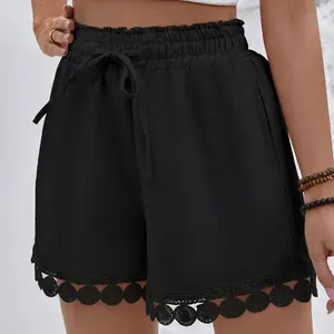 Women's Vacation Essential Shorts for Women Elastic Waist Drawstring with Scalloped Lace Hem Springfresh