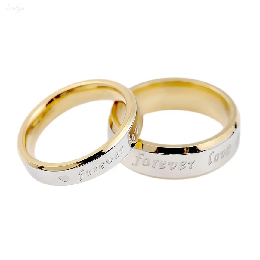 Minimalist Forever Love Couple Rings, Two-Tone Engraved Promise Band, Matching His & Hers Jewelry for Anniversary & Wedding