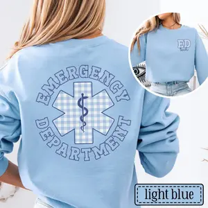 Emergency Department Sweatshirt • ER Nurse Blue Gingham Work Sweater • Emergency Room Crew Group Pullover • ED Tech EMT Gifts