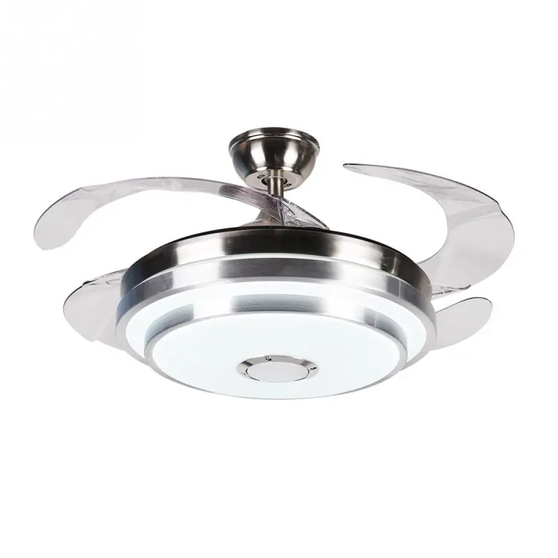 42-Inch Smart Metal Iron Retractable Hidden Blade Ceiling Fan Light with Transformative Design, 110V 3-Color Dimmable LED Fixture, Bluetooth Speaker, Remote Control, Silver Modern Silent Chandelier for Bedroom, Living Room