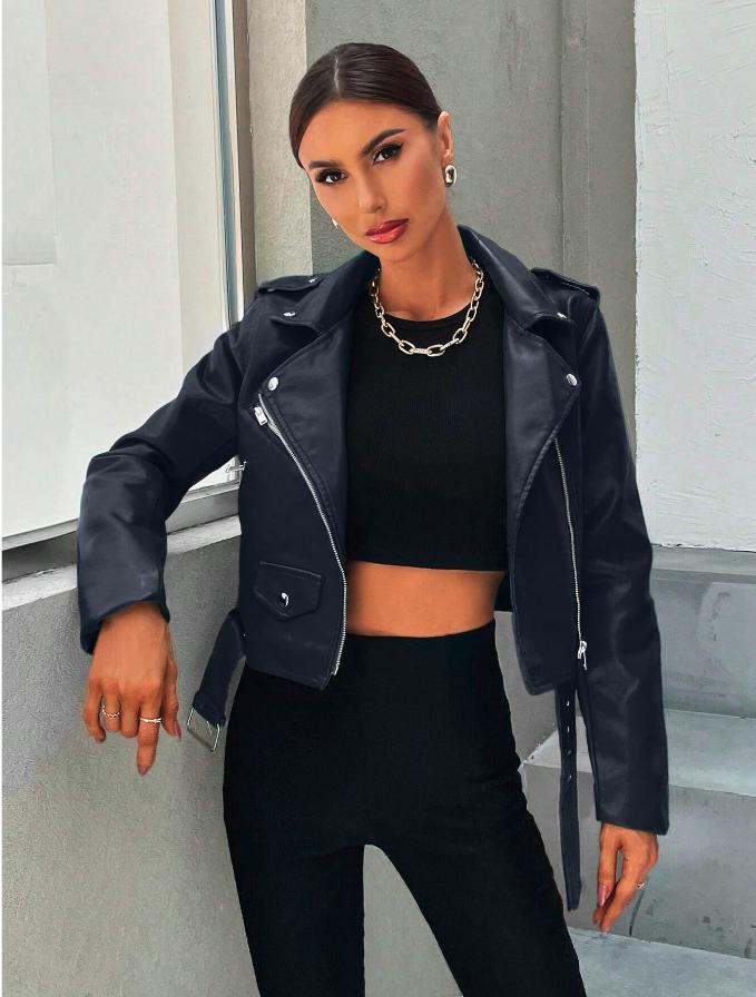 Zip Up Belted PU Moto Jacket *LooKo