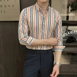 Men’s striped long-sleeve casual shirt for summer; everyday casual fashion; long-sleeve top for spring and autumn