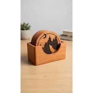 Light Walnut Wildlife Wooden Coasters with Holder – Set of 6 Engraved Wood Drink Coasters