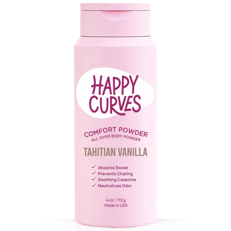 HAPPY CURVES Comfort Powder: Talc Free Anti Chafe Body & Foot Dusting Powder Deodorant for Inner Thigh Chafing, Private Areas, and All Over Body for Women (4 Ounce (Pack of 1), Tahitian Vanilla)